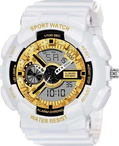 hala - (G-SHOCK-WHITE-STRAP-GOLD-DIAL) Analog-Digital Military Full Sports Fully Waterproof Digital Watch - For Men