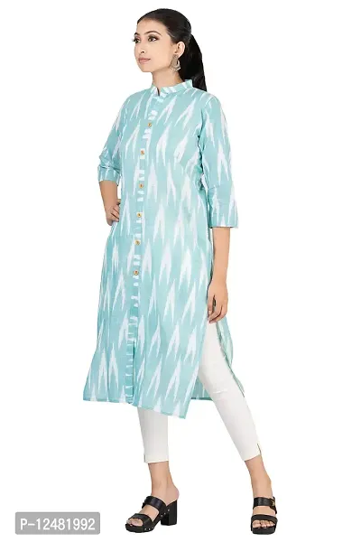 GMH Women's Pure Cotton Ikkat Printed Kurta/Kurti (Medium) Aqua-thumb3