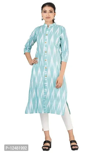 GMH Women's Pure Cotton Ikkat Printed Kurta/Kurti (Medium) Aqua-thumb0