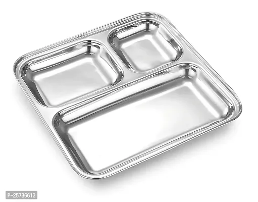 LUXURIA Heavy Duty Stainless Steel Square Small Dinner Plate with 3 Sections Divided Mess Trays for Kids Lunch, Camping, Events  Every Day Use Kitchenware (Set of 1)-thumb0