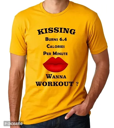 PUSHANKA Kissing Burns 6.4 Calories Printed Casual Regular Fit Half Sleeve T-Shirt for Men (Mustard Yellow, M)-thumb2