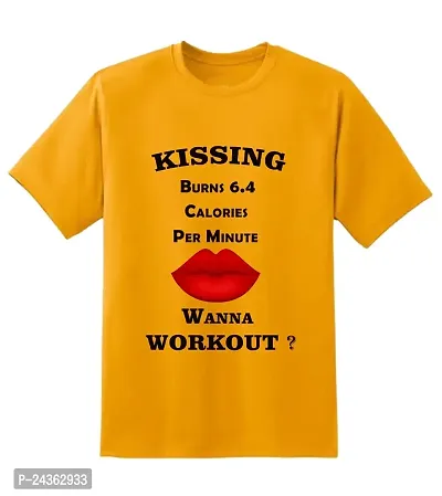 PUSHANKA Kissing Burns 6.4 Calories Printed Casual Regular Fit Half Sleeve T-Shirt for Men (Mustard Yellow, XXL)-thumb0