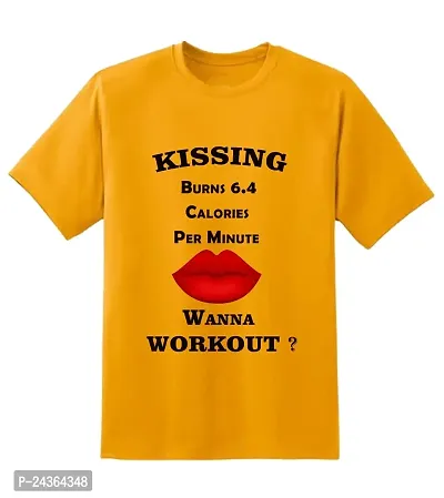 PUSHANKA Kissing Burns 6.4 Calories Printed Casual Regular Fit Half Sleeve T-Shirt for Men (Mustard Yellow, S)-thumb0