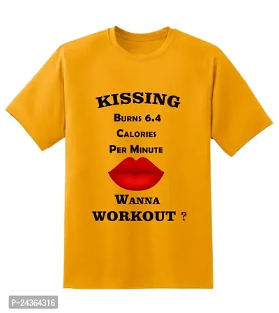 PUSHANKA Kissing Burns 6.4 Calories Printed Casual Regular Fit Half Sleeve T-Shirt for Men (Mustard Yellow, XL)