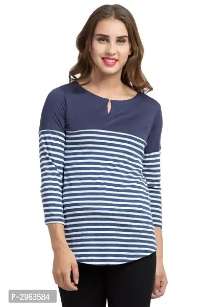 Striped Round Neck with Keyhole 3/4 Sleeve Trendy Women's T-Shirt-thumb0