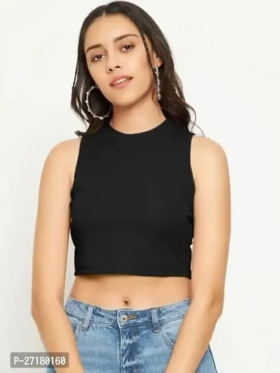 Stretchable Polyester Crew Neck Sleeveless Crop Top - Black-thumb0