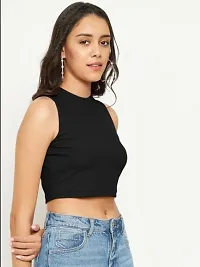 Stretchable Polyester Crew Neck Sleeveless Crop Top - Black-thumb1