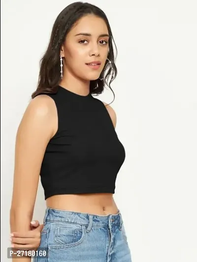 Stretchable Polyester Crew Neck Sleeveless Crop Top - Black-thumb2