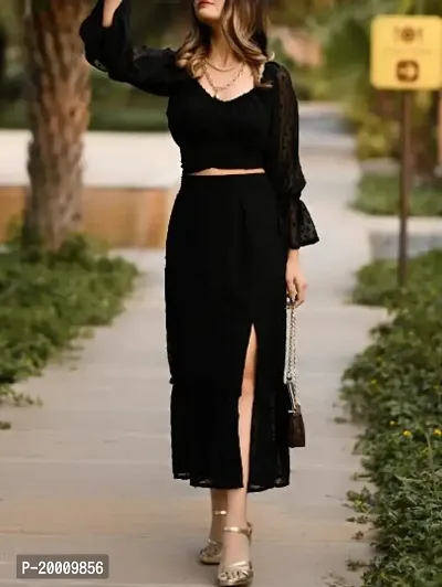 LAVAY women soli black chiffon full length front slit skirt-thumb2
