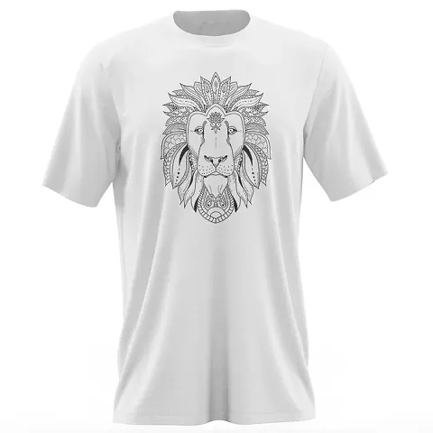Men's White Polyester Lion Printed T Shirt