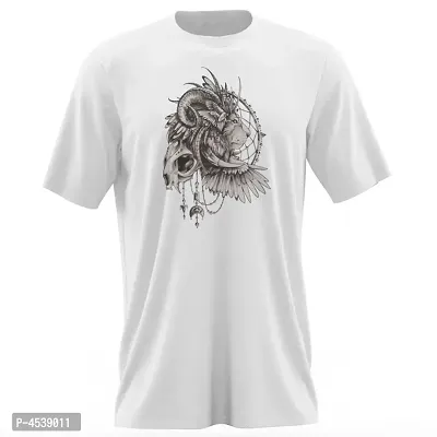 Men's White Polyester Printed Round Neck Tees