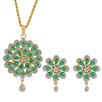 Memoir Gold plated Faux Columbian Emerald with Synthetic Diamond flower design super rich Fashion pendant set Women Stylish Latest-thumb3