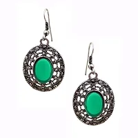 Memoir Emerald Color Oval Cabochon ,white AD studded, oxidised Tibetan look Antique Earrings-thumb1