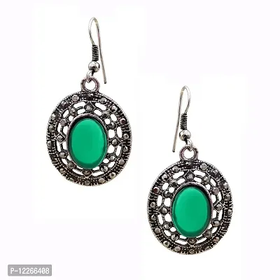 Memoir Emerald Color Oval Cabochon ,white AD studded, oxidised Tibetan look Antique Earrings-thumb2