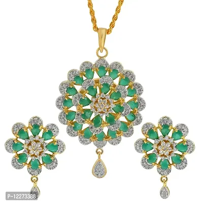 Memoir Gold plated Faux Columbian Emerald with Synthetic Diamond flower design super rich Fashion pendant set Women Stylish Latest-thumb0