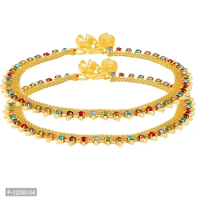 Memoir Gold plated Flat chain, Colourful CZ studded Rich payal pajeb Ghungroo Anklet for Women
