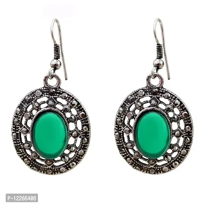 Memoir Emerald Color Oval Cabochon ,white AD studded, oxidised Tibetan look Antique Earrings-thumb0