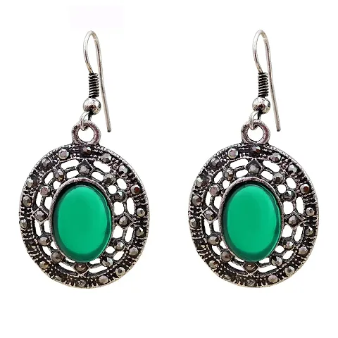 Memoir Emerald Color Oval Cabochon ,white AD studded, oxidised Tibetan look Earrings