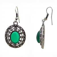 Memoir Emerald Color Oval Cabochon ,white AD studded, oxidised Tibetan look Antique Earrings-thumb2