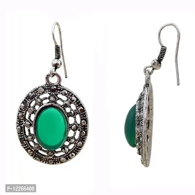 Memoir Emerald Color Oval Cabochon ,white AD studded, oxidised Tibetan look Antique Earrings-thumb3