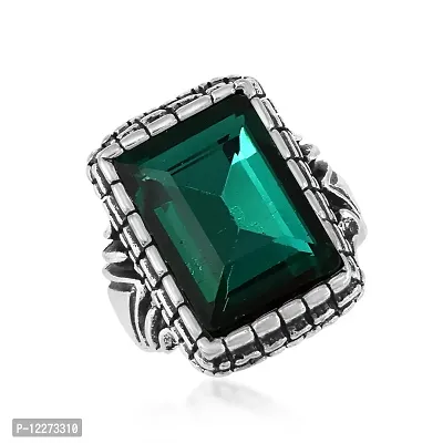 Memoir Brass Antique Oxidised Silverplated Faux Emerald PANNA finger ring Men Fashion jewellery Latest Stylish (ORMI5757)