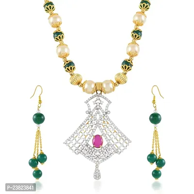 Gold plated Brass Bruma Ruby Imitation Diamond,with Emerald  Pearl bead studded Fashion necklace set Women