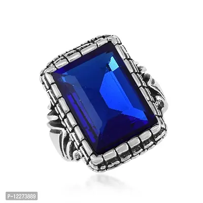 Memoir Brass Antique Oxidised Silverplated Faux Blue Sapphire Neelam finger ring Men Fashion jewellery Latest Stylish (ORMI5752)