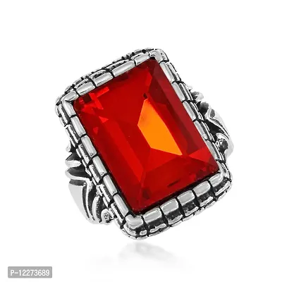 Memoir Brass Antique Oxidised Silverplated Faux Ruby finger ring Men Fashion jewellery Latest Stylish (ORMI5754