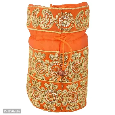 Memoir Silky Satin, Orange (Kesariya) handmade Zari Work Ethnic Potli handbag Women Ladies-thumb4
