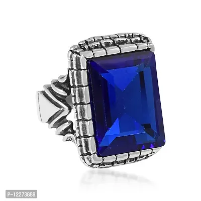 Memoir Brass Antique Oxidised Silverplated Faux Blue Sapphire Neelam finger ring Men Fashion jewellery Latest Stylish (ORMI5752)-thumb2