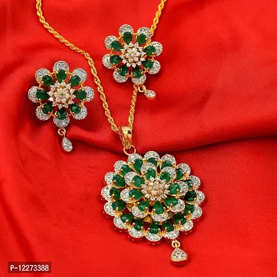 Memoir Gold plated Faux Columbian Emerald with Synthetic Diamond flower design super rich Fashion pendant set Women Stylish Latest-thumb5