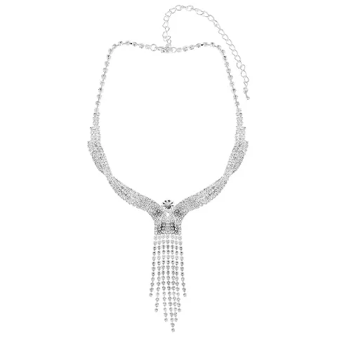 Memoir plated American Diamond, CZ Necklace with Solitaire & strand look - Luxe Wedding Bridal Statement Necklace Set Women, Best seller (NKL N4651)