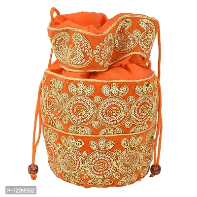 Memoir Silky Satin, Orange (Kesariya) handmade Zari Work Ethnic Potli handbag Women Ladies-thumb2