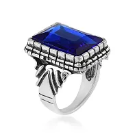 Memoir Brass Antique Oxidised Silverplated Faux Blue Sapphire Neelam finger ring Men Fashion jewellery Latest Stylish (ORMI5752)-thumb2