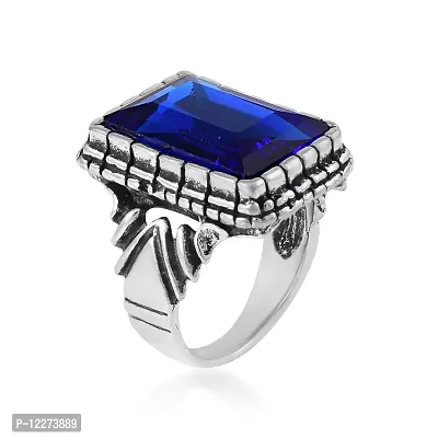 Memoir Brass Antique Oxidised Silverplated Faux Blue Sapphire Neelam finger ring Men Fashion jewellery Latest Stylish (ORMI5752)-thumb3