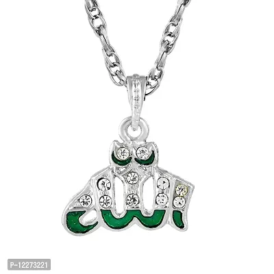 Memoir Brass Silverplated Green Enamel CZ Allah Word Muslim Pendant Islamic Jewellery (PCKL7701N)