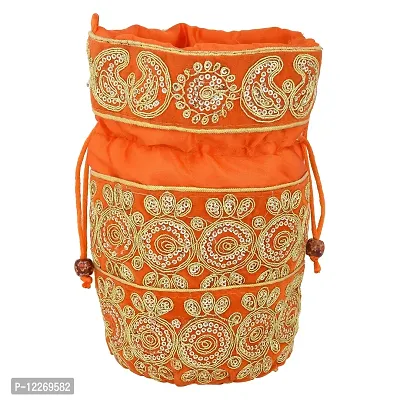 Memoir Silky Satin, Orange (Kesariya) handmade Zari Work Ethnic Potli handbag Women Ladies-thumb3