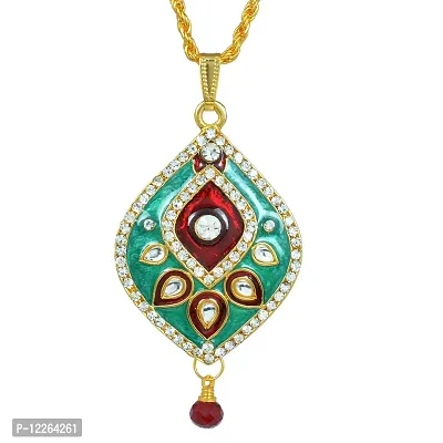 Memoir Gold Plated CZ studded, Green and Red Meenakari with Kundan, Pear shape, chain pendant ethnic necklace jewellery for Women