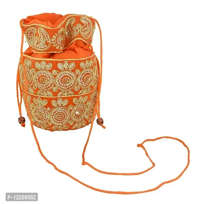 Memoir Silky Satin, Orange (Kesariya) handmade Zari Work Ethnic Potli handbag Women Ladies-thumb0