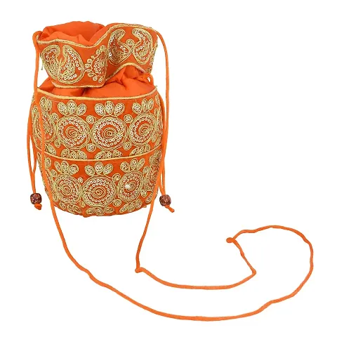 Memoir Silky Satin, Orange (Kesariya) handmade Zari Work Ethnic Potli handbag Women Ladies