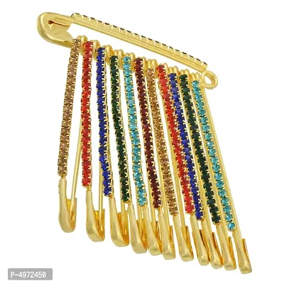 Gold Plated Plated Brass Multi Coloured CZ Set of 12 Saree Dupatta Ethnic Traditional Clip on safetypins for Women-thumb0