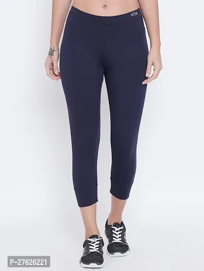 Elegant Blue Cotton Solid Three-Fourth Pants For Women