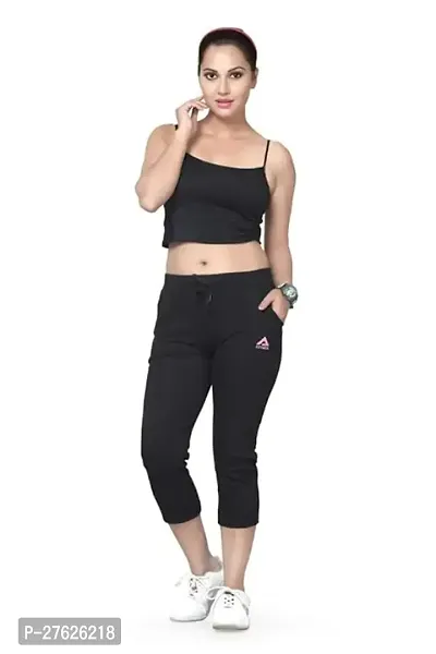 Elegant Black Cotton Solid Three-Fourth Pants For Women-thumb0