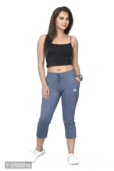 Elegant Blue Cotton Solid Three-Fourth Pants For Women