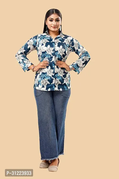 Stylish Navy Blue Cotton Lycra Printed Shirt For Women-thumb4