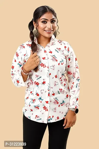 Stylish White Cotton Lycra Printed Shirt For Women