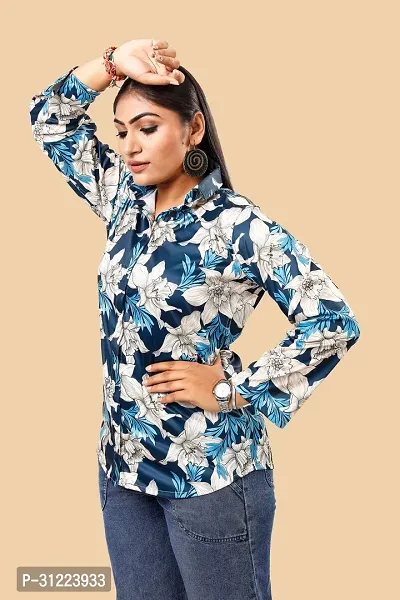 Stylish Navy Blue Cotton Lycra Printed Shirt For Women-thumb3