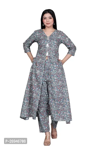 Reliable Grey Printed Cotton Kurta with Pant Set For Women-thumb0