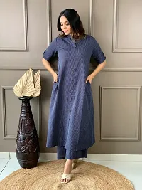 Reliable Blue Self Design Cotton Kurta with Pant Set For Women-thumb2