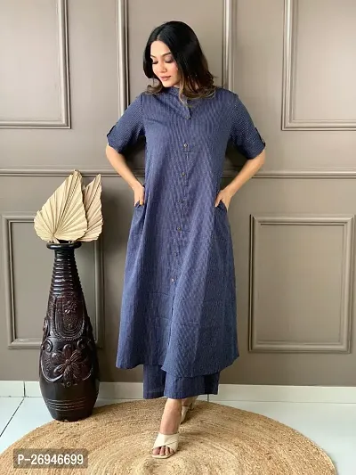 Reliable Blue Self Design Cotton Kurta with Pant Set For Women-thumb3